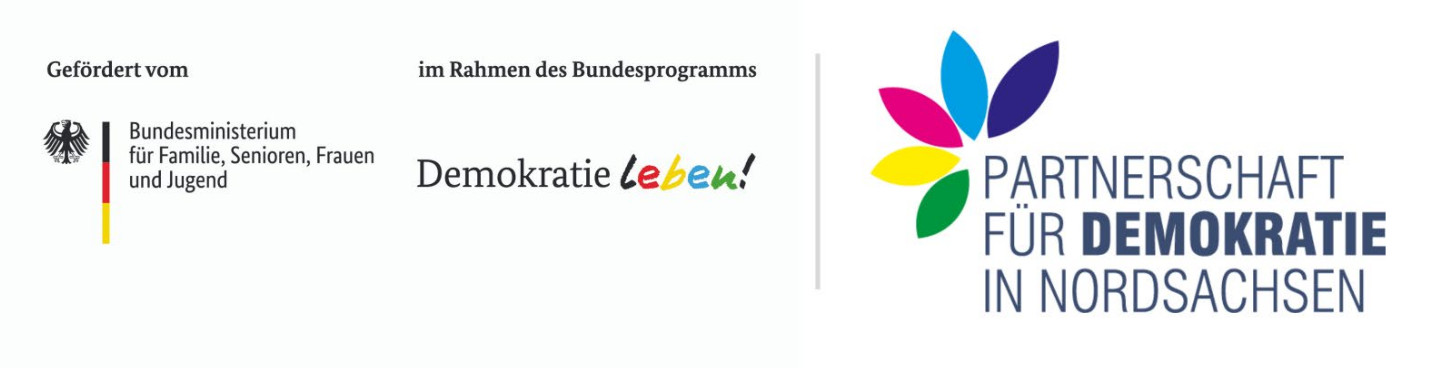 Logos der Unterstützer*innen: Bundesministerium für Familie, Senioren, Frauen und Jugend im Rahmen des Bundesprogramms "Demokratie leben!"; Partnerschaft für Demokratie Nordsachsen