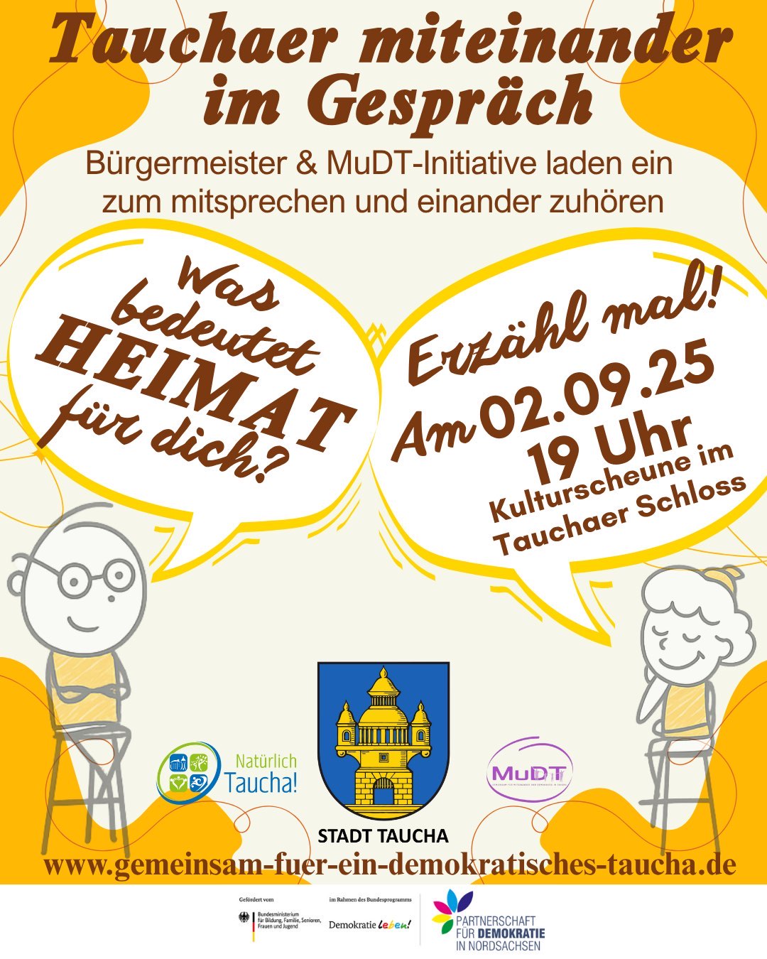 Einladungsplakat für Tauchaer miteinander im Gespräch: Was bedeutet HEIMAT für dich?